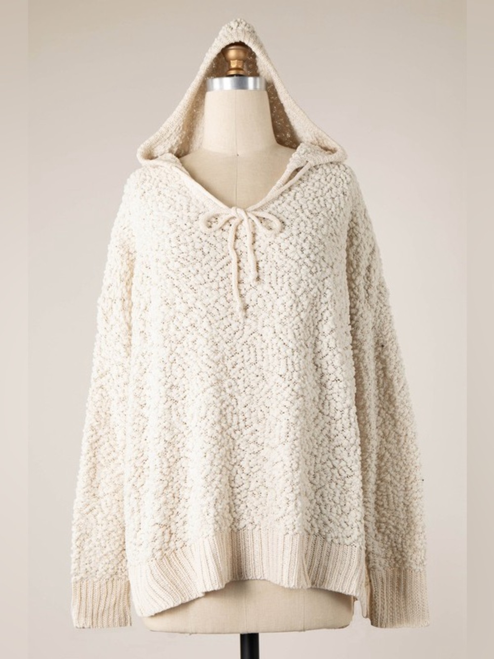 Cream popcorn fuzzy Sherpa tie knit comfrt ribbed pullover hoodie sweater